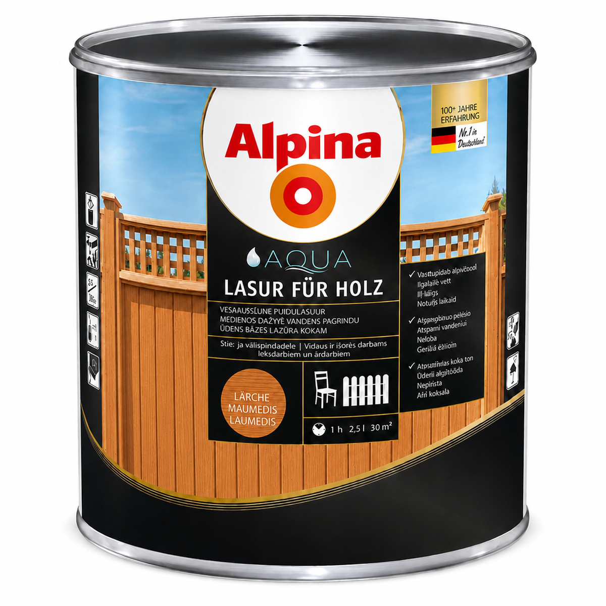 ALPINA AQUA HOLZLASUR maumedžio spalvos lazūra medienai 2.5L kibiras