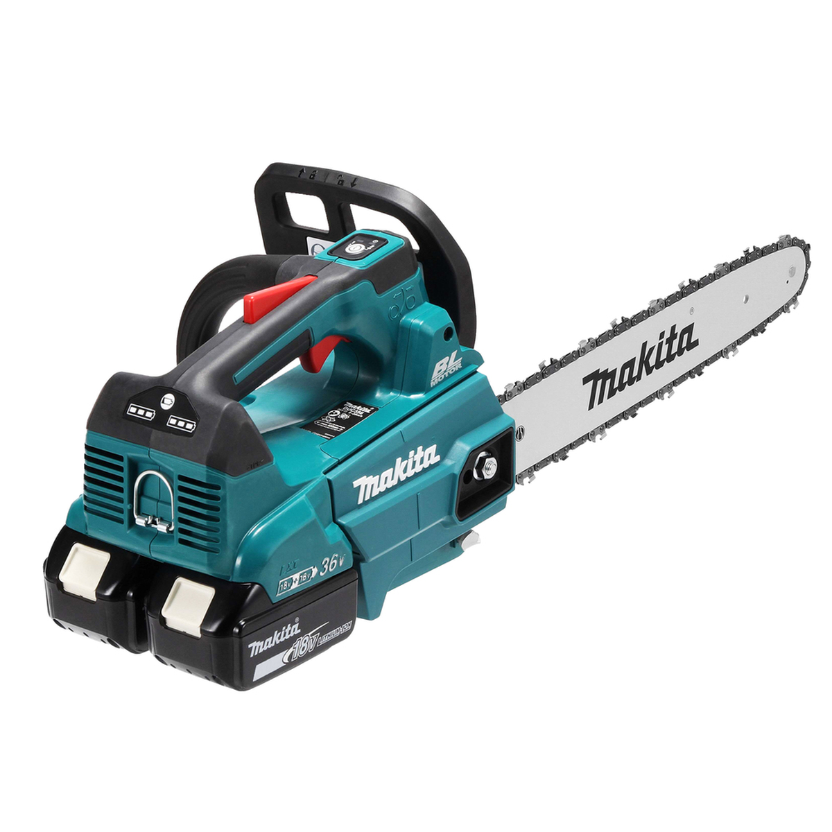 Makita DUC356Z grandininio pjūklo valdymo skydelis ir saugos funkcijos