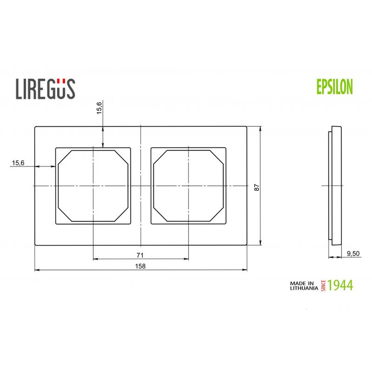 Liregus Epsilon baltas dviejų vietų jungiklių rėmelis