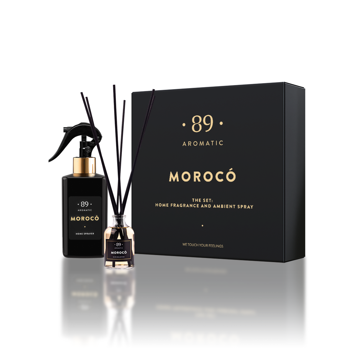 Morocco Aromatic 89 namų kvapų rinkinys su lazdelėmis ir purškiamu kvapu ant elegantiško fono