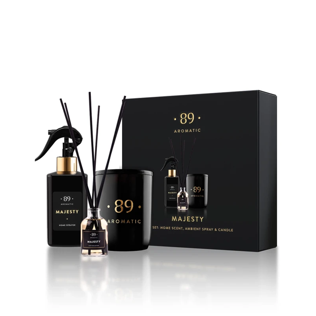 Majesty Aromatic 89 namų kvapų rinkinys su difuzoriumi, purškiamu kvapu ir sojų vaško žvake