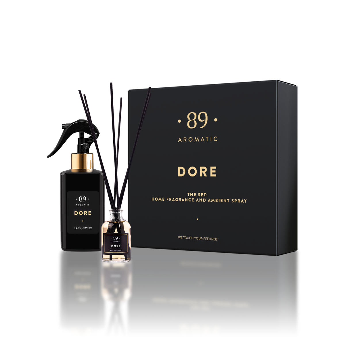 DORE AROMATIC 89 namų kvapų rinkinys su lazdelėmis ir purškiamu kvapu karamelės ir citrusų aromatu