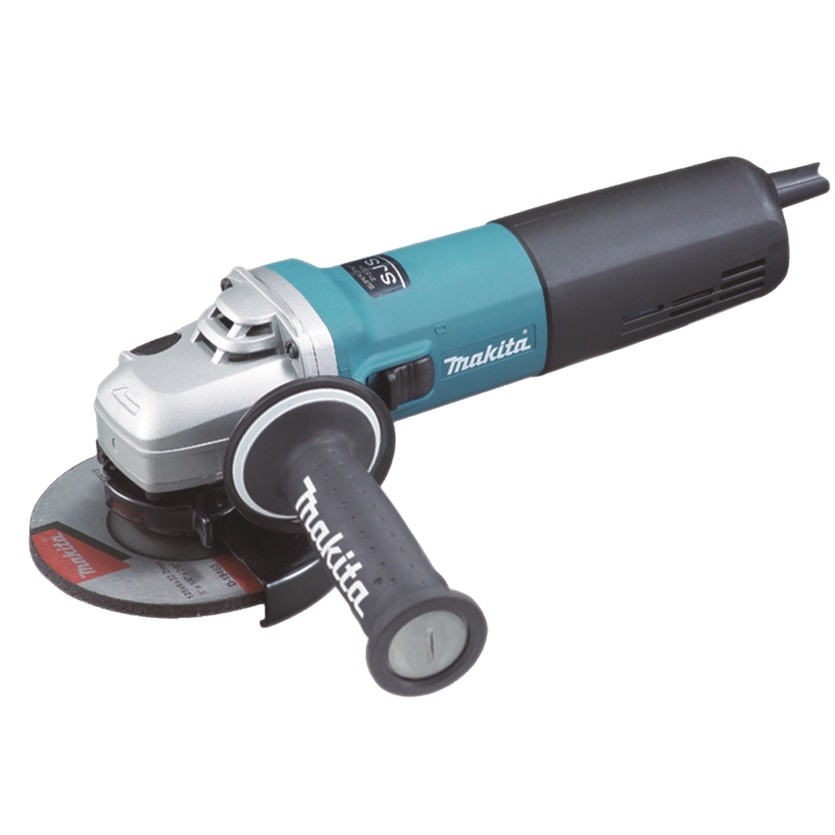 Makita 9565CVR kampinis šlifuoklis su 125mm disku ir 1400W varikliu, parodyta su apsauginiu gaubtu ir ergonomiška rankena