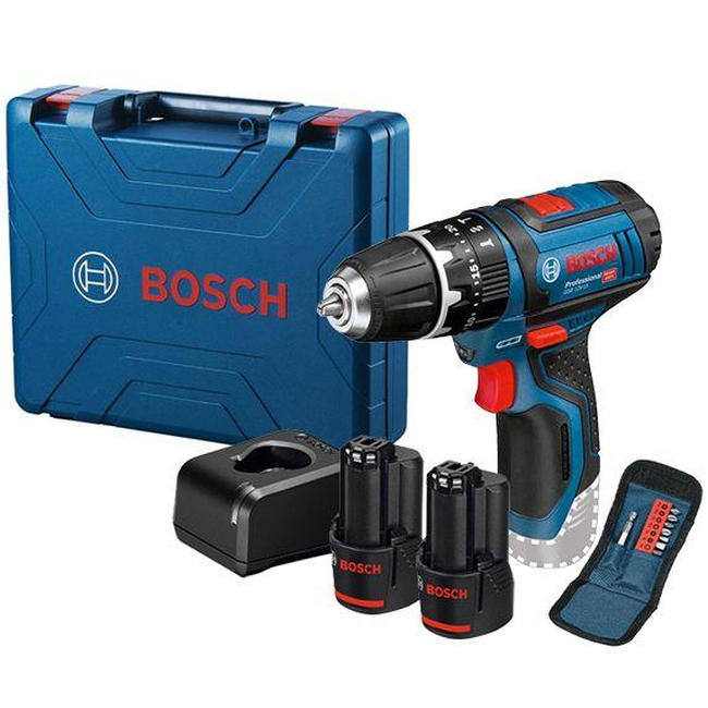 Bosch GSB 12V-15 Professional smūginis akumuliatorinis gręžtuvas-suktuvas su dviem 2.0Ah baterijomis
