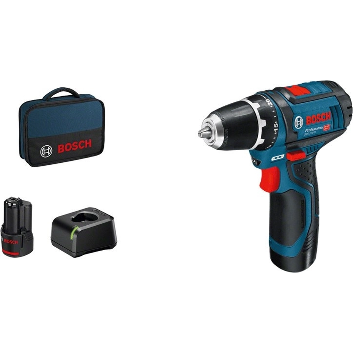 Bosch GSR 12V-15 akumuliatorinis gręžtuvas-suktuvas su dviem 2.0Ah akumuliatoriais