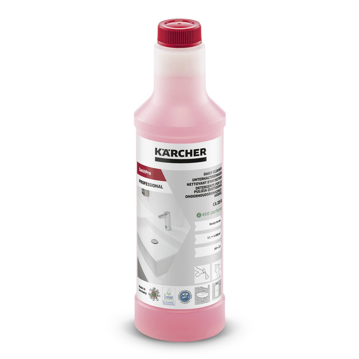 KARCHER SANITPRO CA 20 R 0.5L ekologiškas sanitarinis valiklis su purškikliu balto ir mėlyno dizaino butelyje