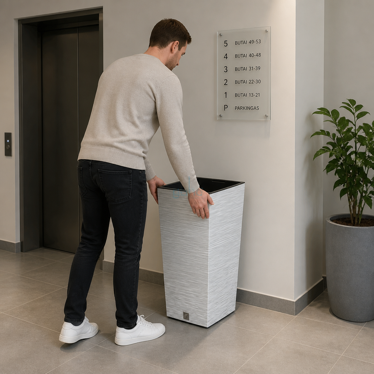 Baltas plastikinis vazonas Furu Square 40cm su vertikaliai dryžuota tekstūra