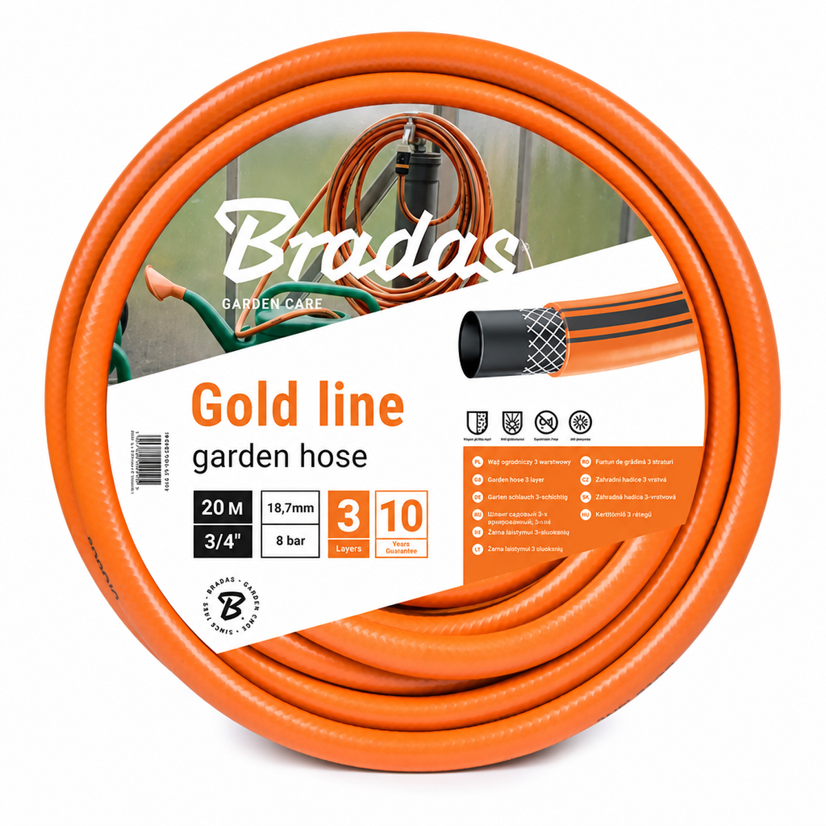 GOLD LINE 3/4 colio armuota sodo laistymo žarna 20 metrų oranžinė su pilkomis juostomis